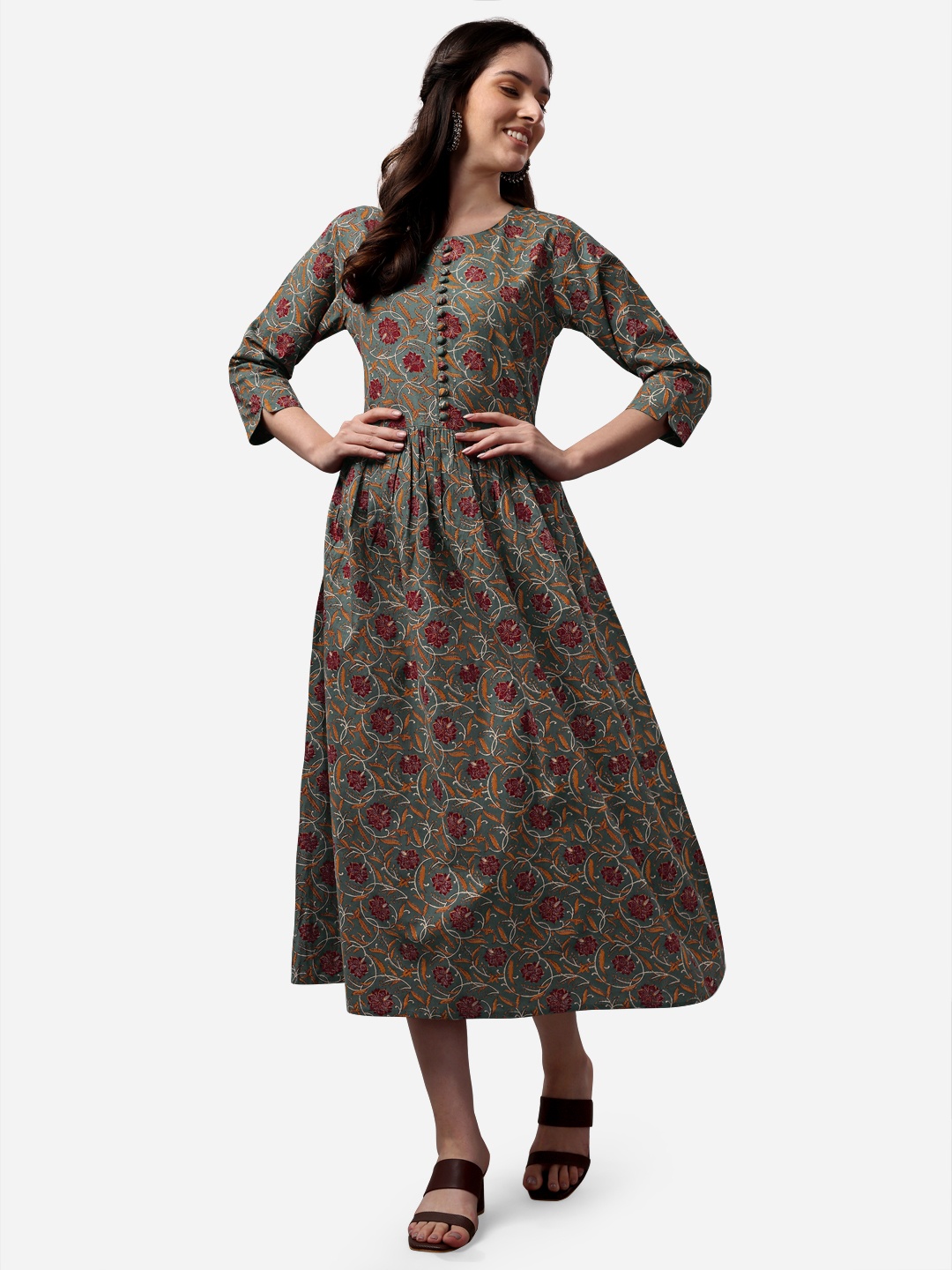 

KALINI Floral Printed A-Line Regular Cotton Kurta, Grey