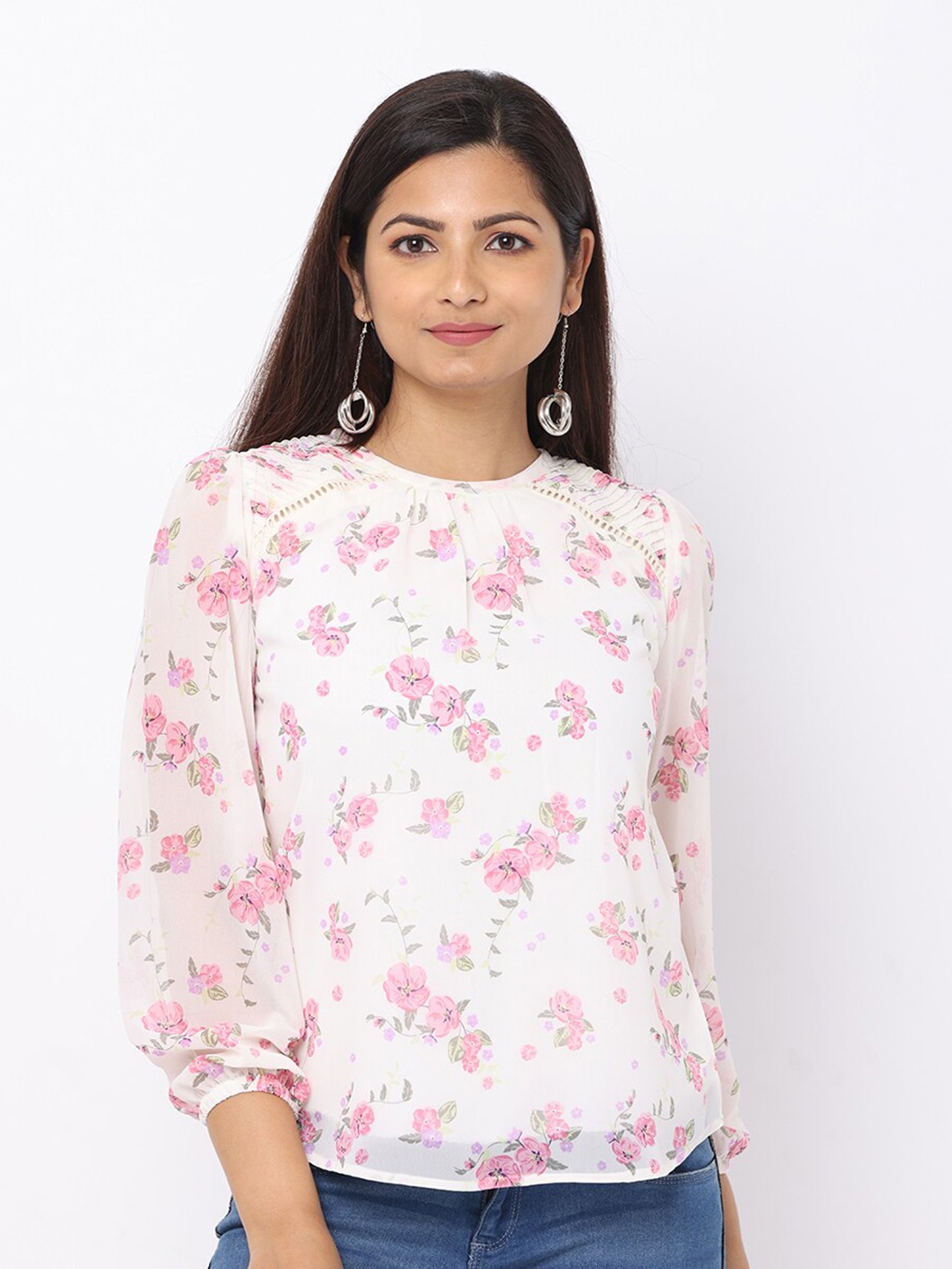 

GLORY & I Floral Print Georgette Top, White