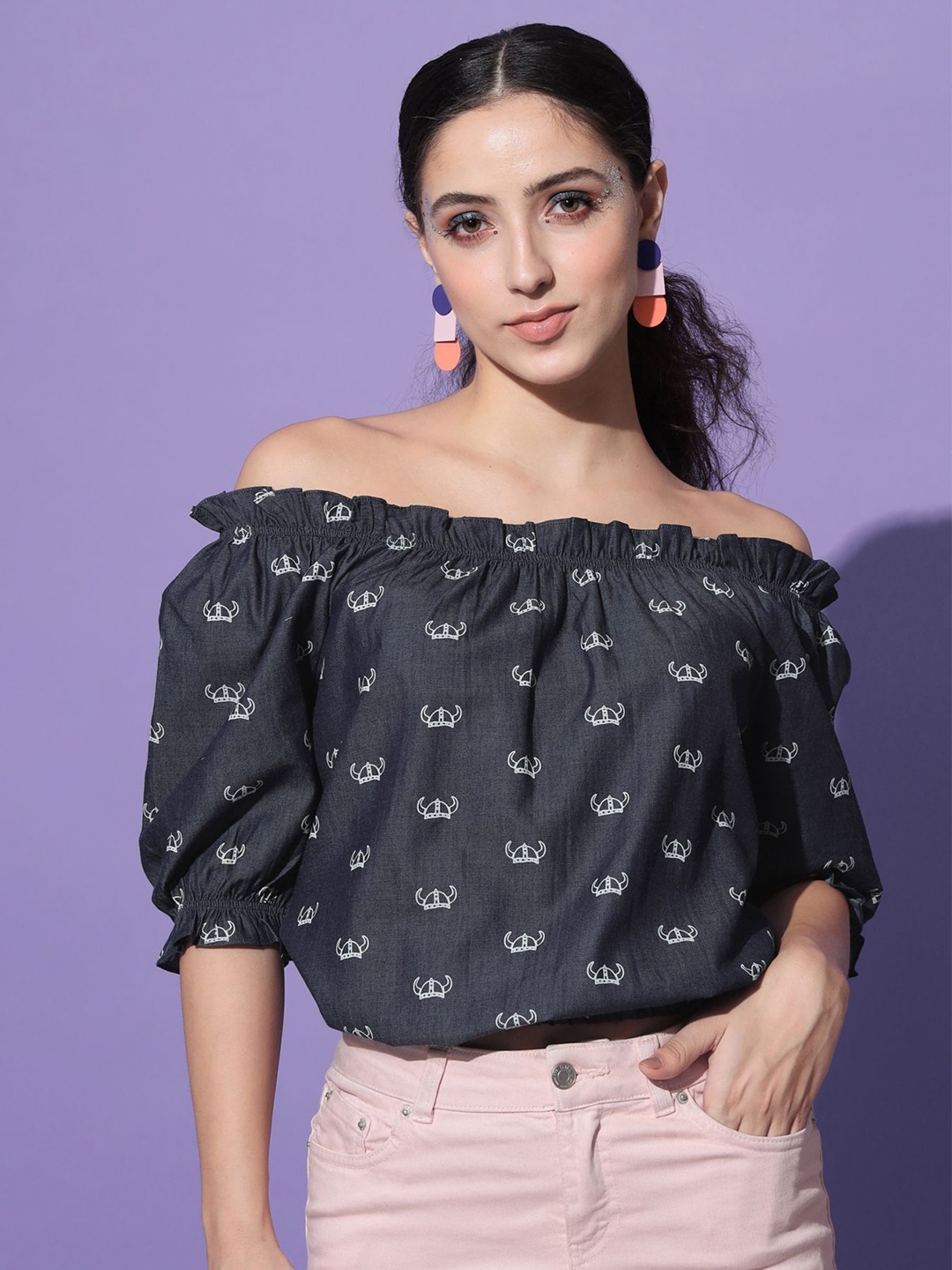 

Shopping Queen Print Off-Shoulder Bardot Top, Navy blue