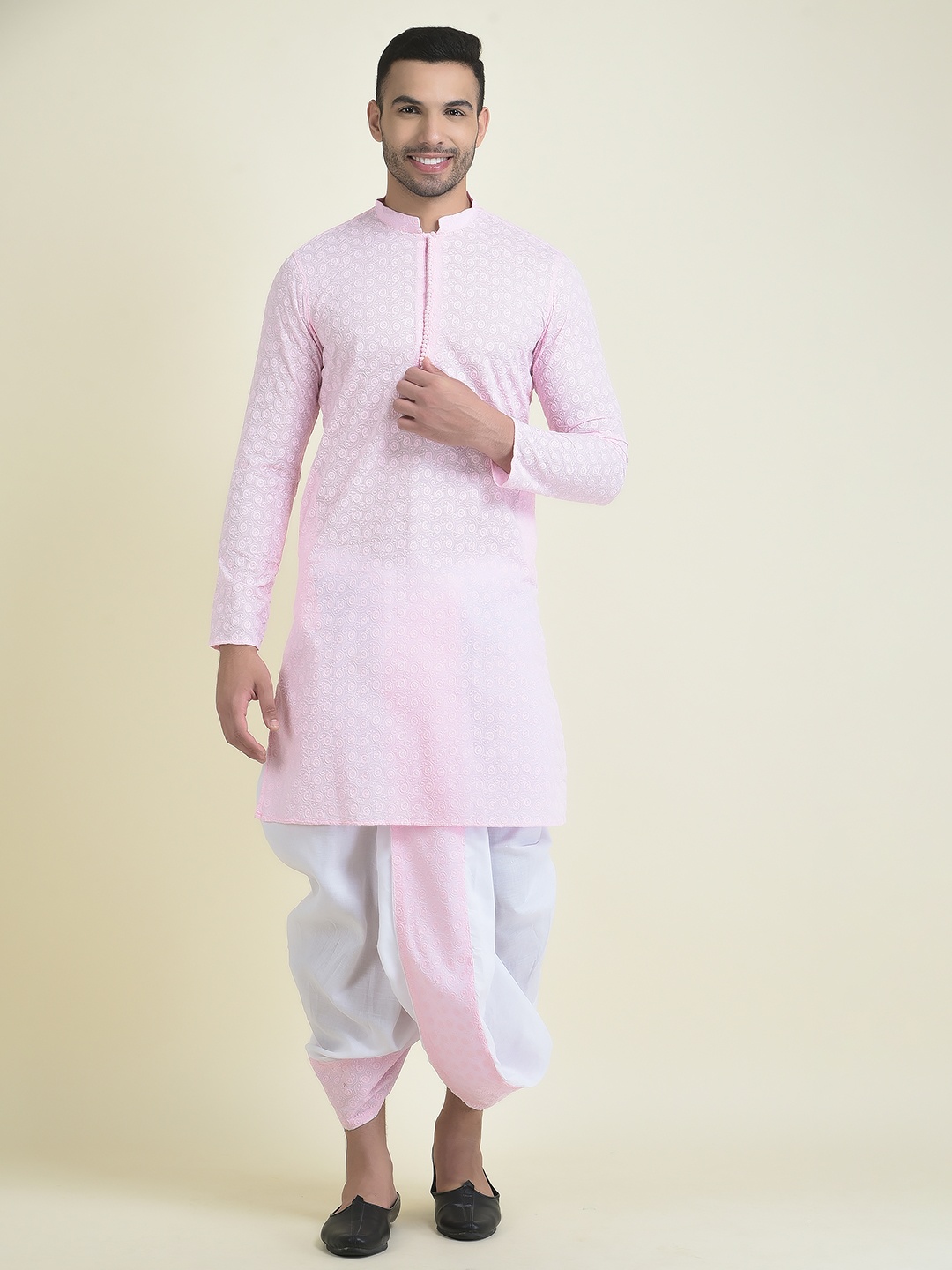 

DEYANN Men Paisley Embroidered Thread Work Pure Cotton Kurta with Dhoti Pants, Pink
