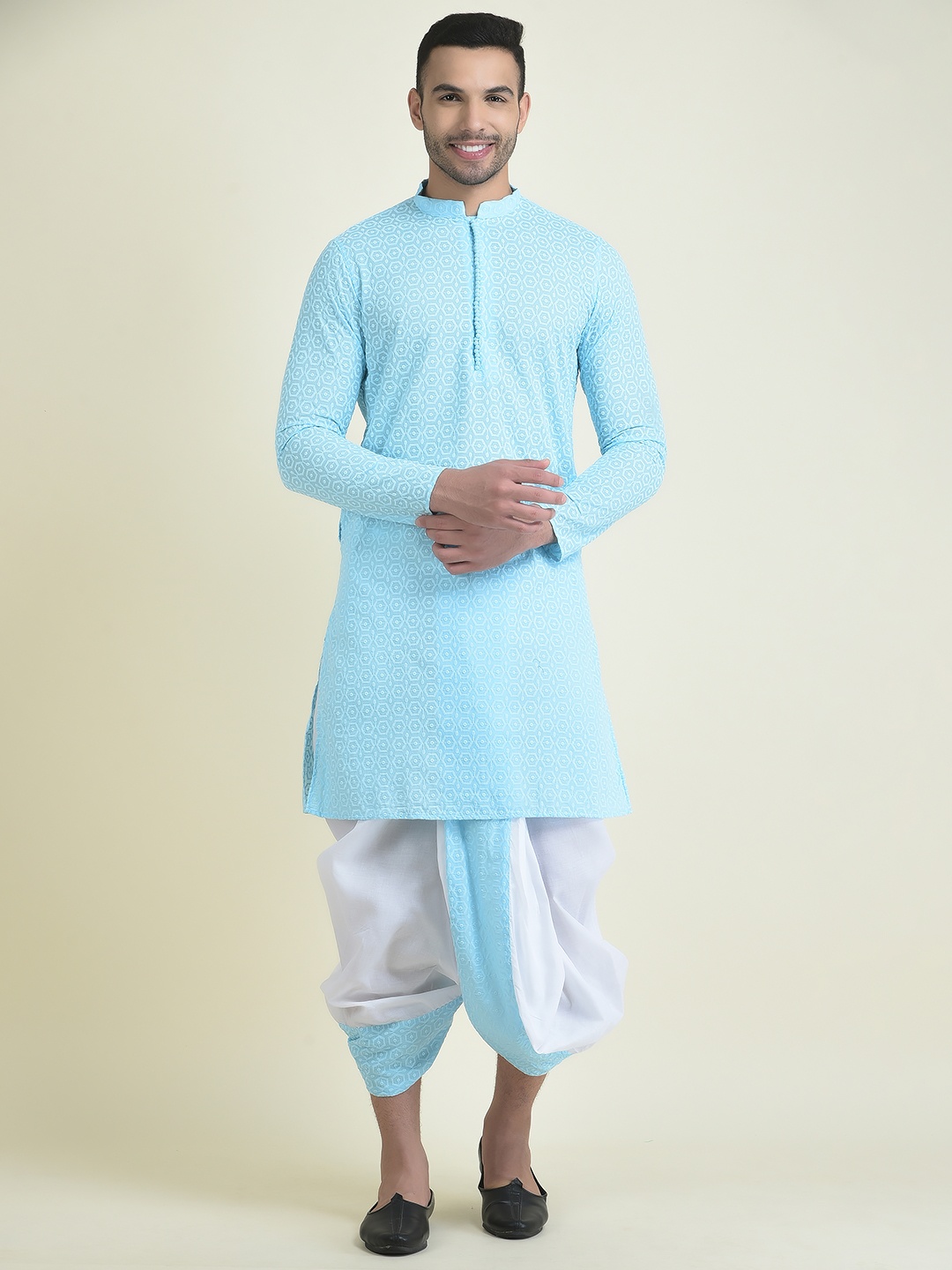 

DEYANN Men Embroidered Pure Cotton Kurta with Dhoti Pants, Blue