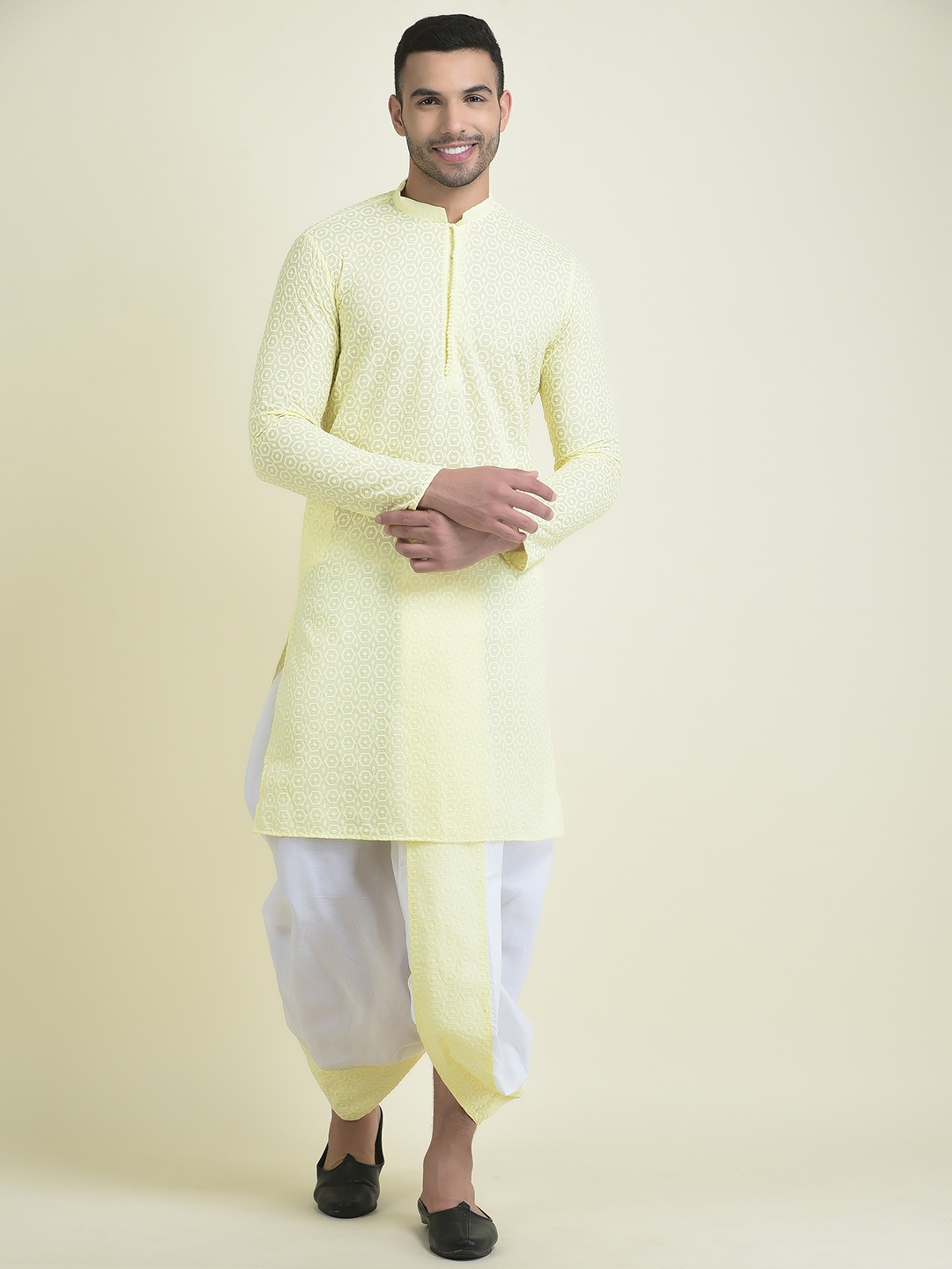 

DEYANN Men Floral Embroidered Chikankari Pure Cotton Kurta with Dhoti Pants, Yellow