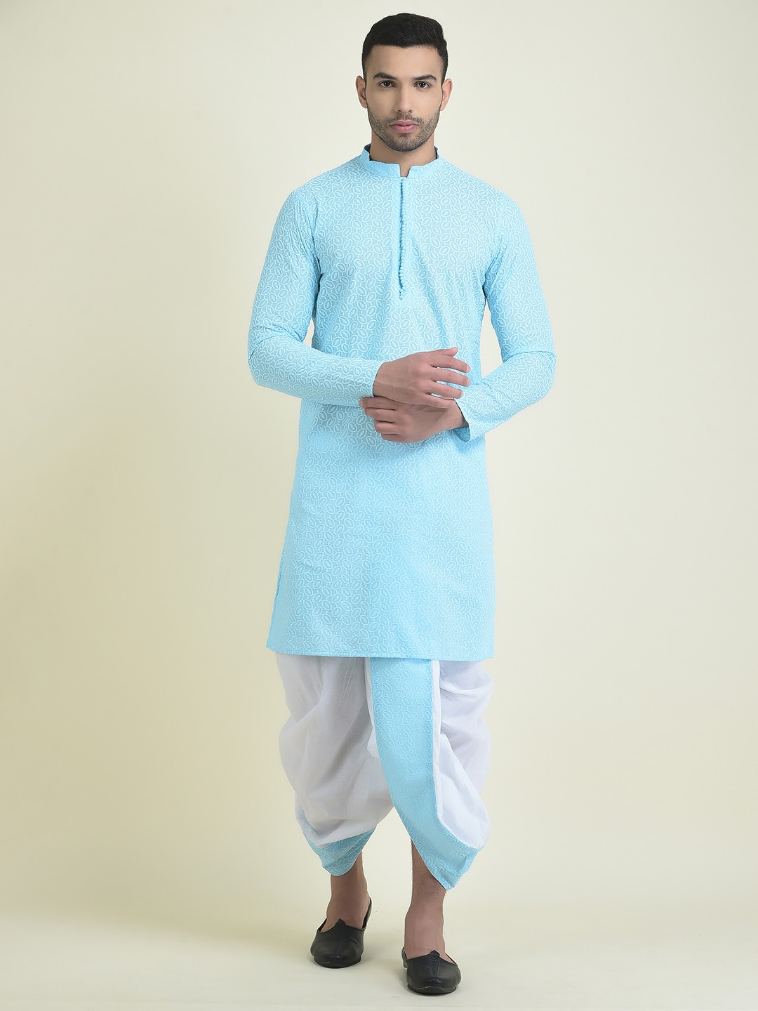 

DEYANN Men Ethnic Motifs Embroidered Pure Cotton Kurta with Dhoti Pants, Blue