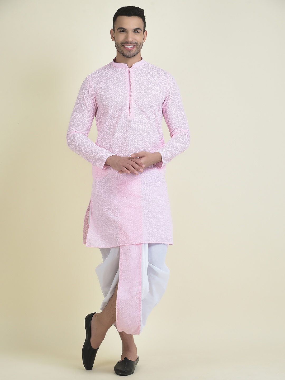 

DEYANN Men Ethnic Motifs Embroidered Pure Cotton Kurta with Dhoti Pants, Pink