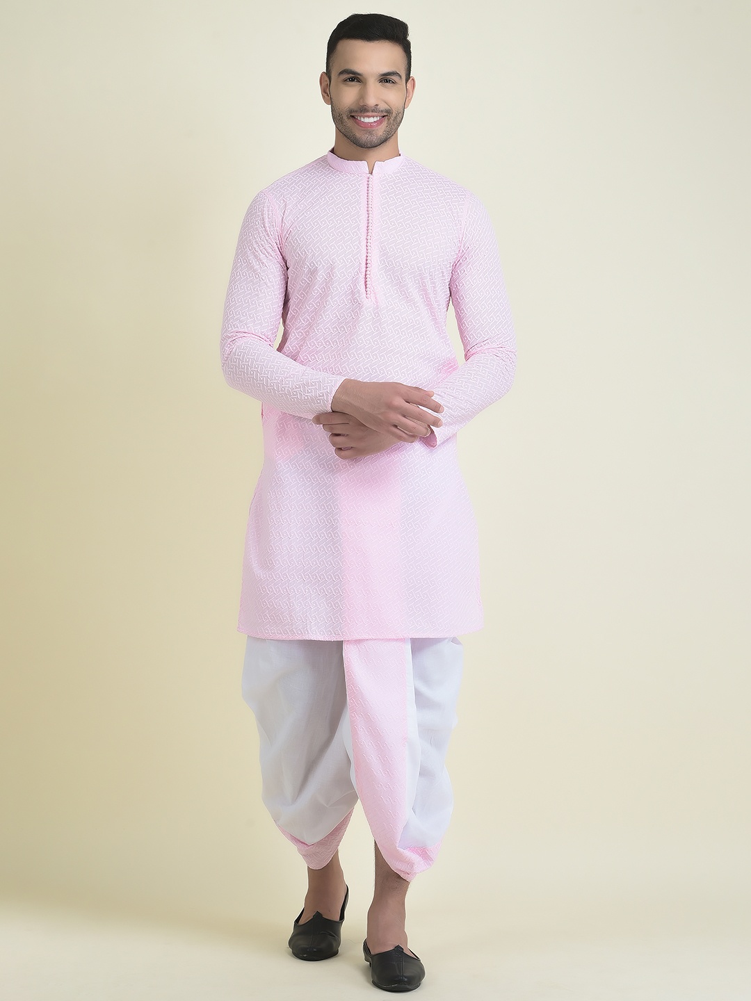 

DEYANN Men Embroidered Pure Cotton Kurta With Dhoti Pants, Pink