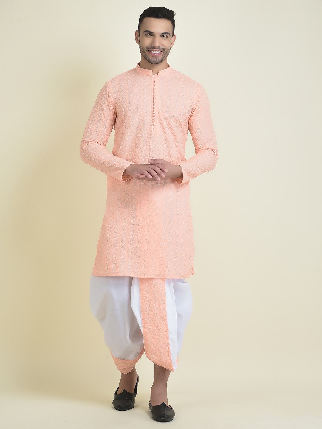 

DEYANN Men Ethnic Motifs Embroidered Pure Cotton Kurta With Dhoti Pants, Peach