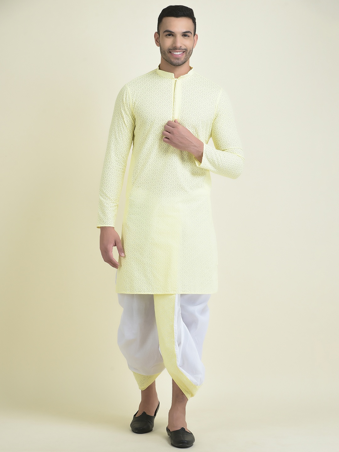 

DEYANN Men Floral Embroidered Thread Work Pure Cotton Kurta with Dhoti Pants, Yellow