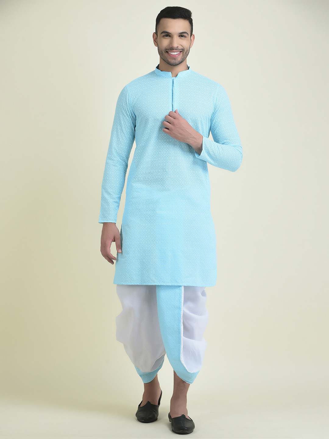 

DEYANN Men Ethnic Motifs Embroidered Pure Cotton Kurta With Dhoti Pants, Blue