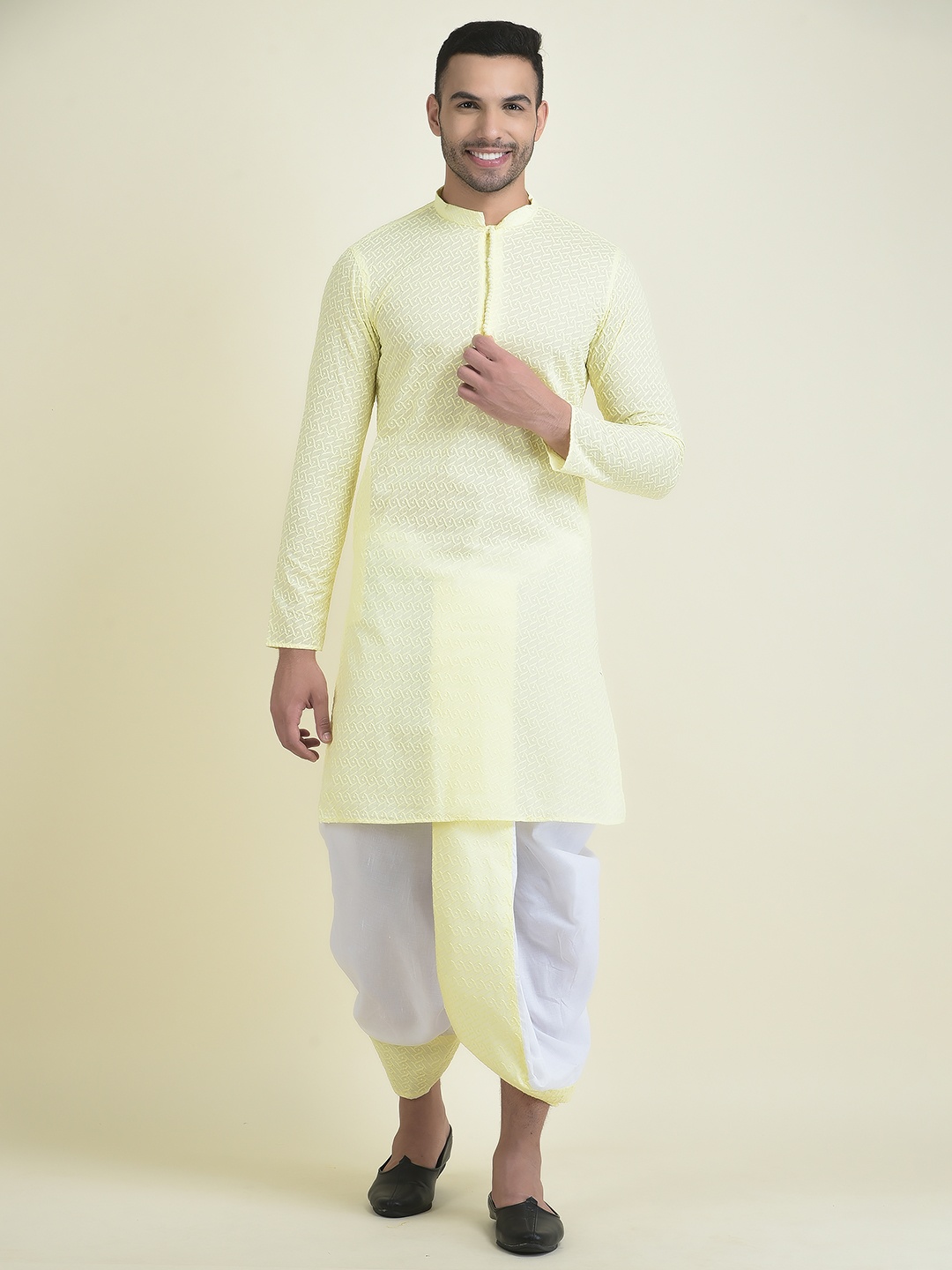 

DEYANN Men Ethnic Motifs Embroidered Pure Cotton Kurta With Dhoti Pants, Yellow