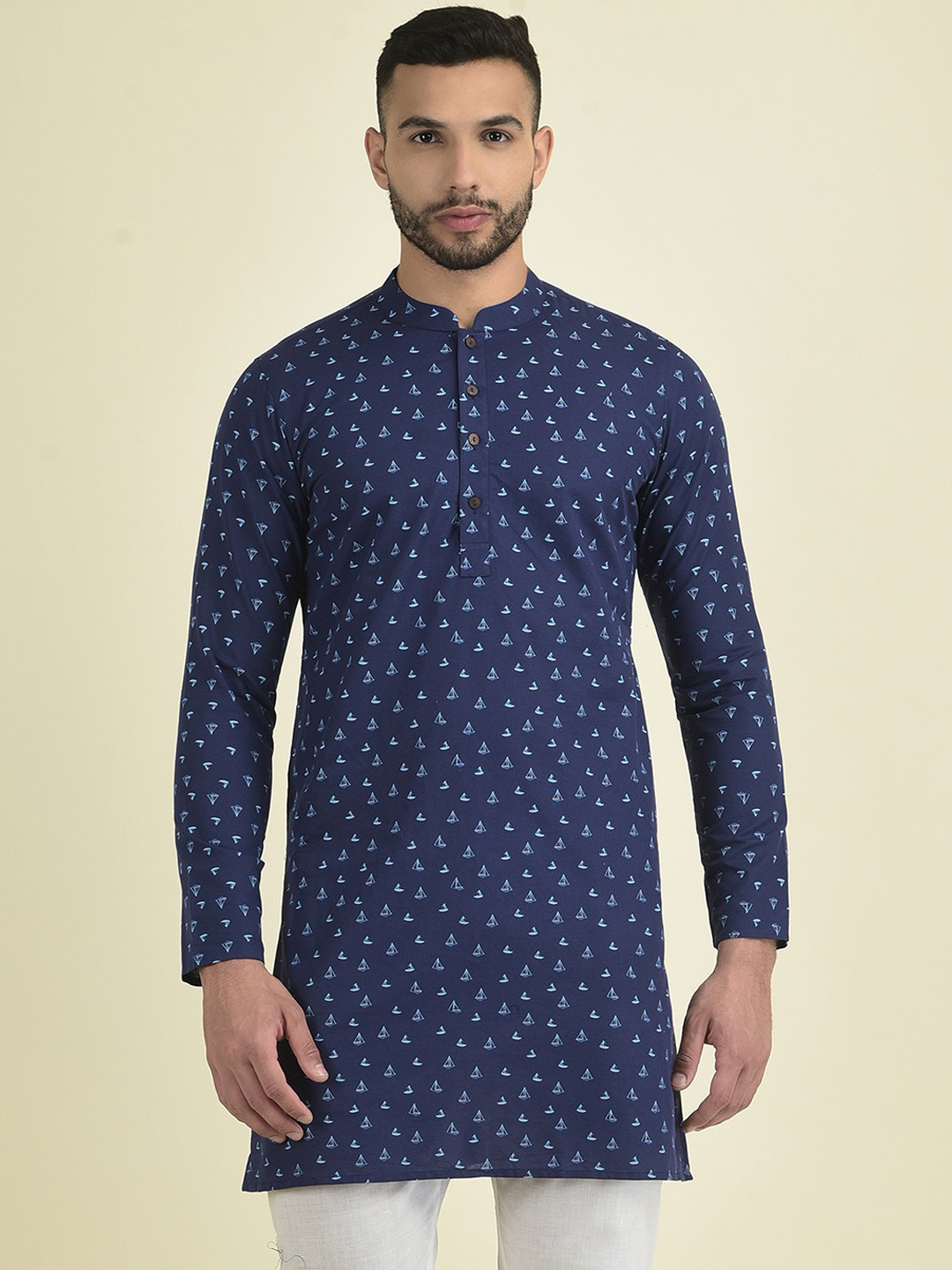 

DEYANN Men Printed Kurta with Pyjamas, Navy blue