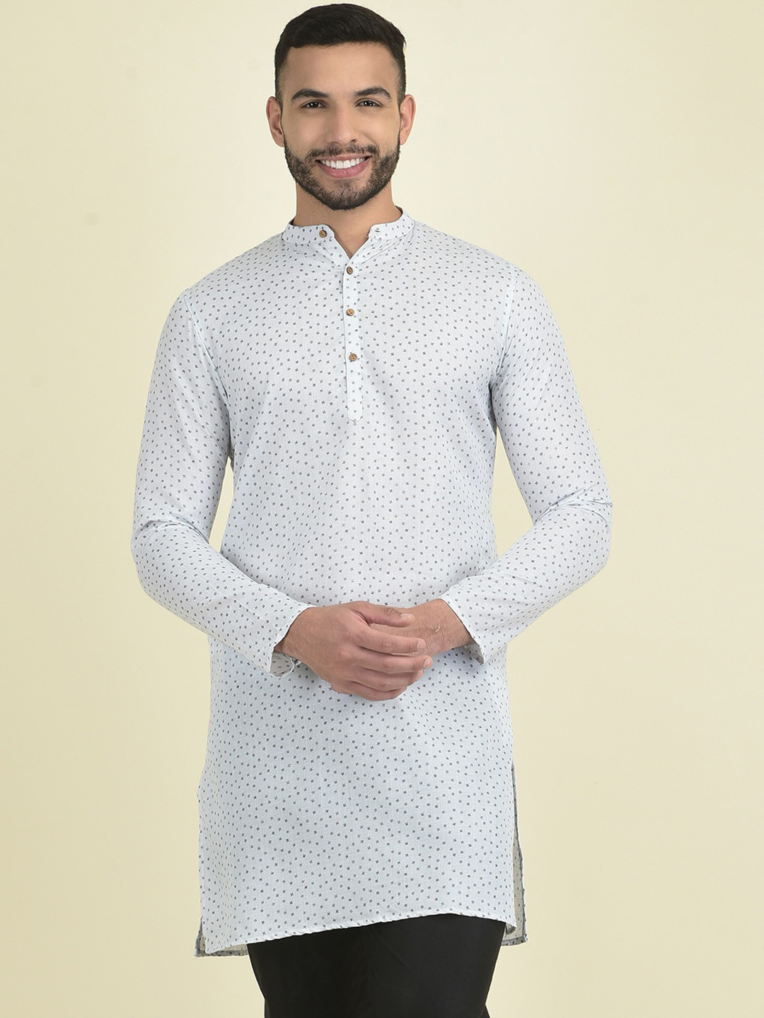 

DEYANN Men Printed Kurta with Pyjamas, White