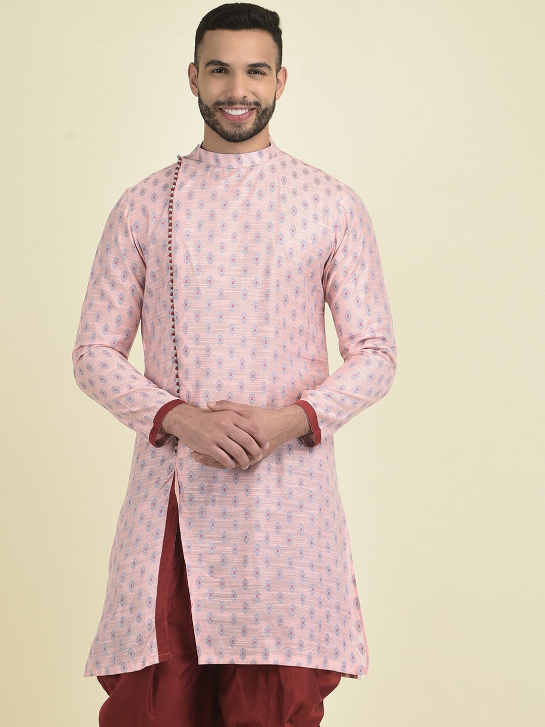 

DEYANN Men Printed Kurta With Patiala, Pink