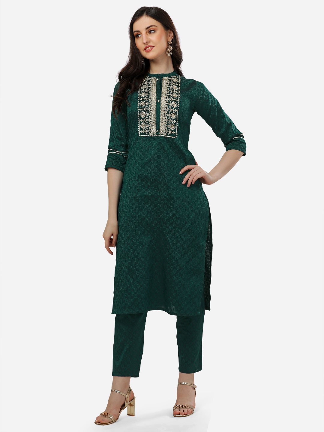 

HERE&NOW Women Embroidered Thread Work Kurta with Trousers, Green