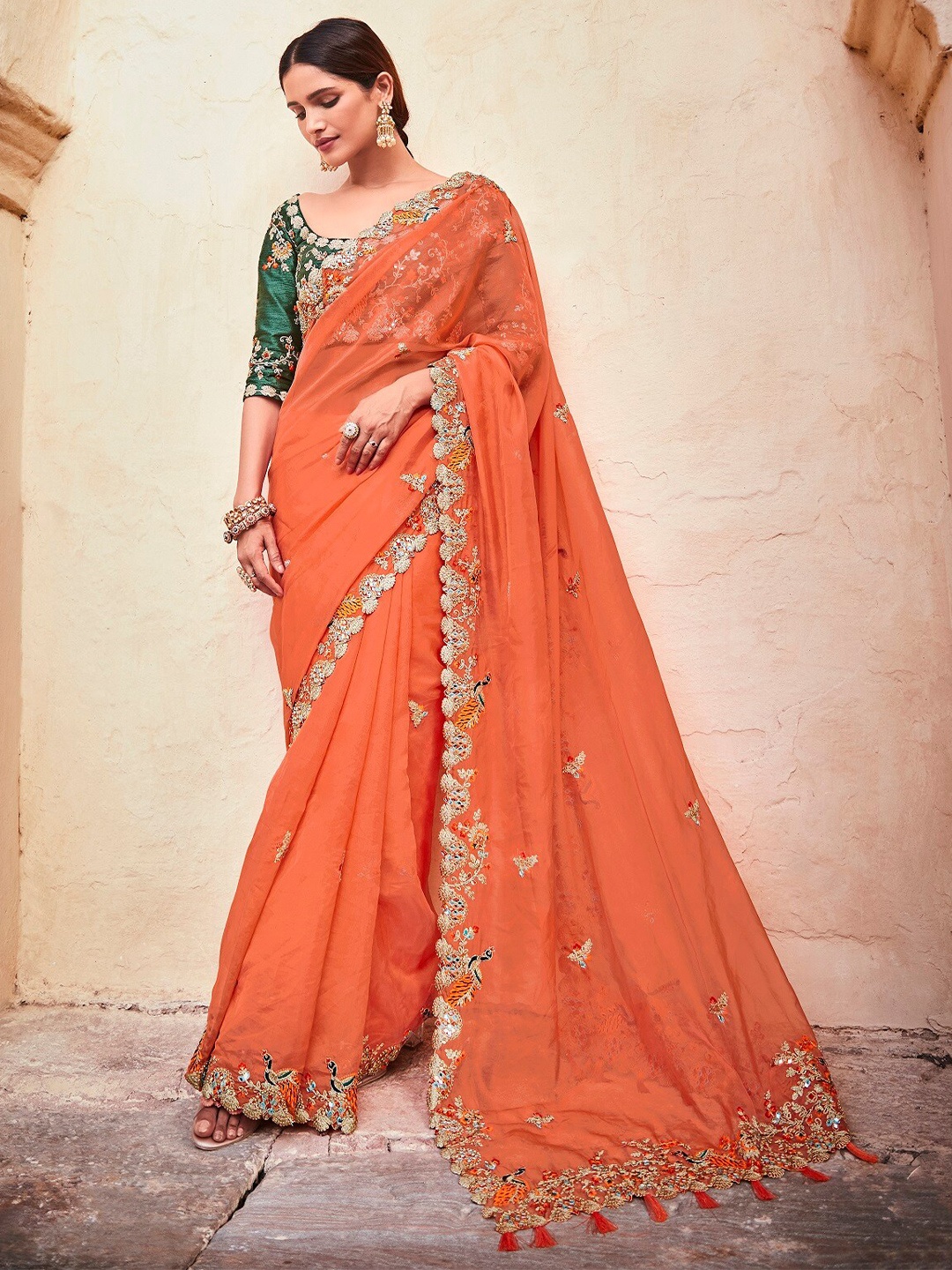 

Vrundavan ethics Floral Sequinned Pure Georgette Leheriya Saree, Orange