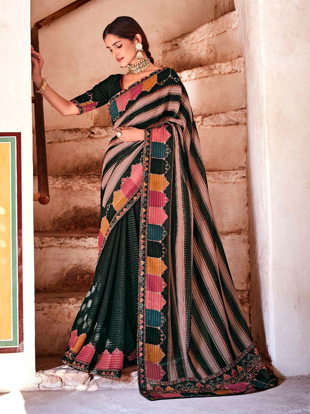 

Vrundavan ethics Embellished Sequinned Pure Georgette Leheriya Saree, Green