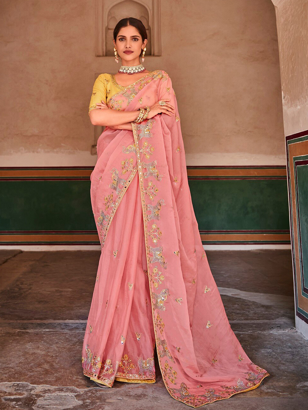 

Vrundavan ethics Embellished Embroidered Pure Georgette Leheriya Saree, Peach