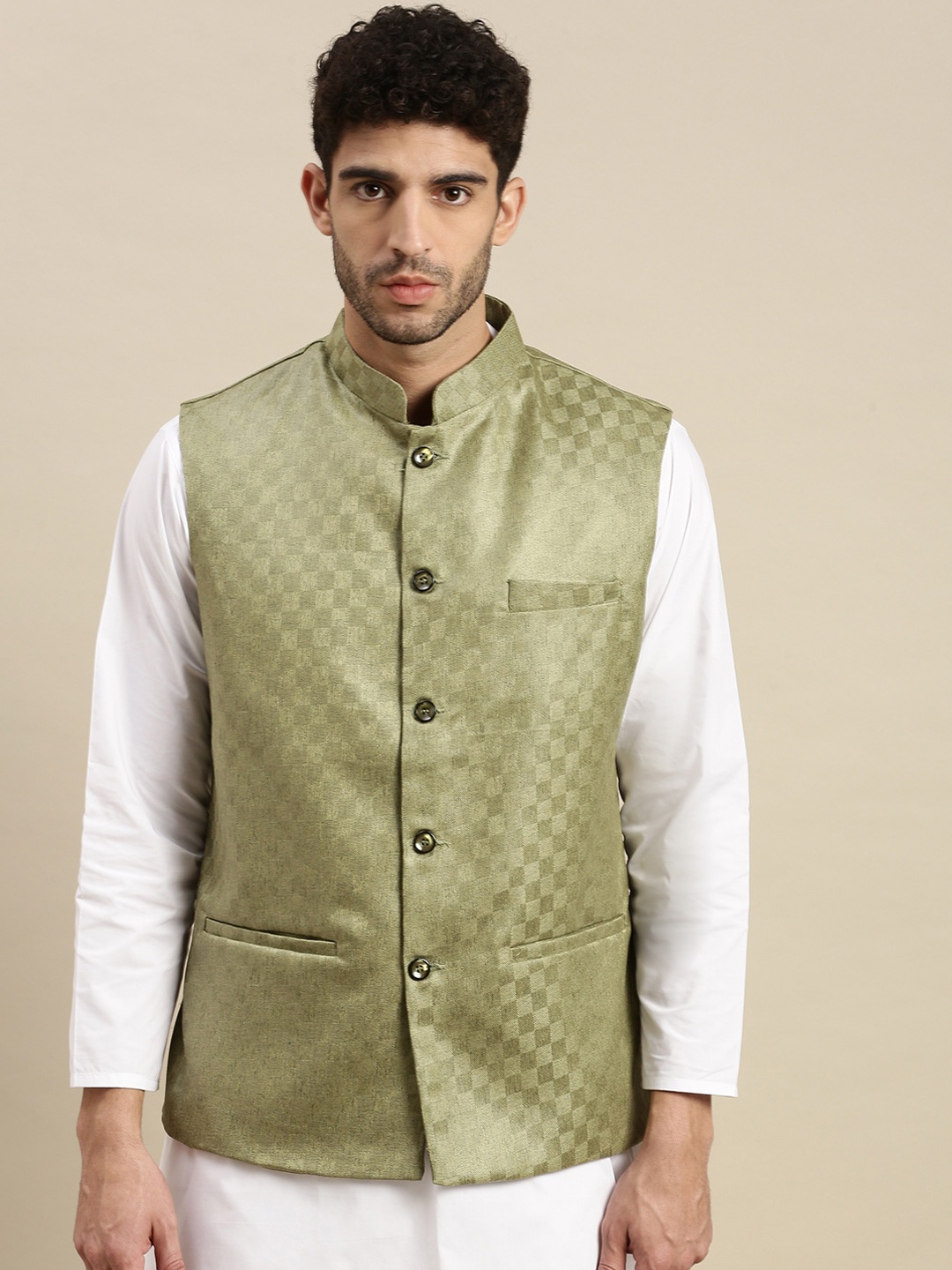 

Ramraj Men Checked Woven Nehru Jacket, Green