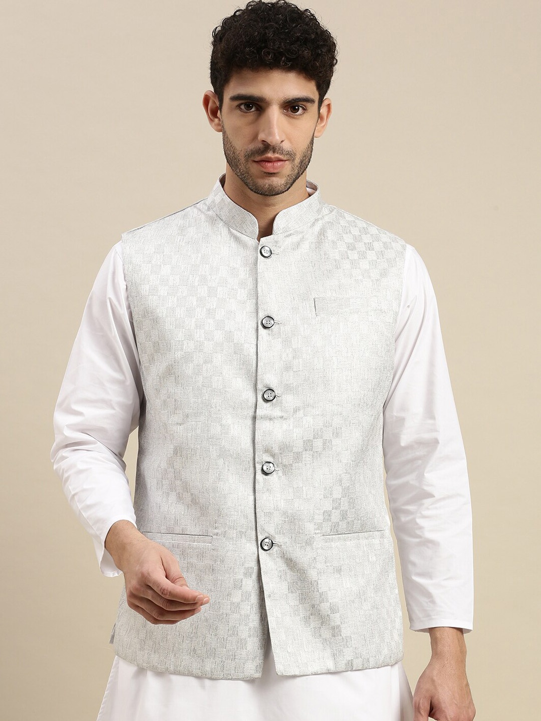 

Ramraj Men Printed Sleeveless Nehru Jacket, Grey