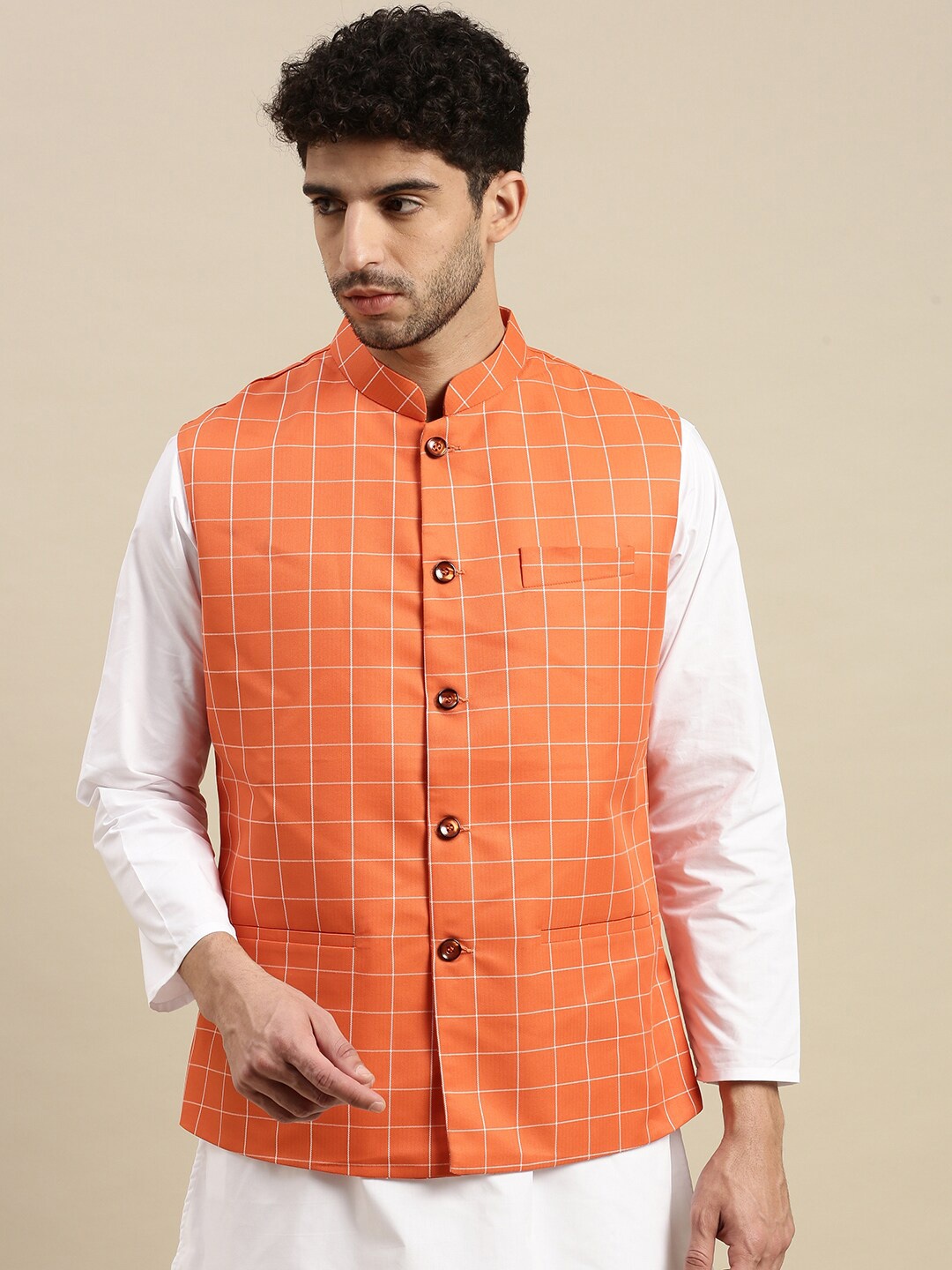 

Ramraj Men Checked Woven Nehru Jackets, Orange