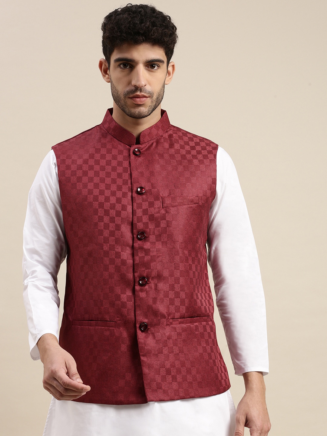 

Ramraj Men Woven Design Nehru Jacket, Maroon