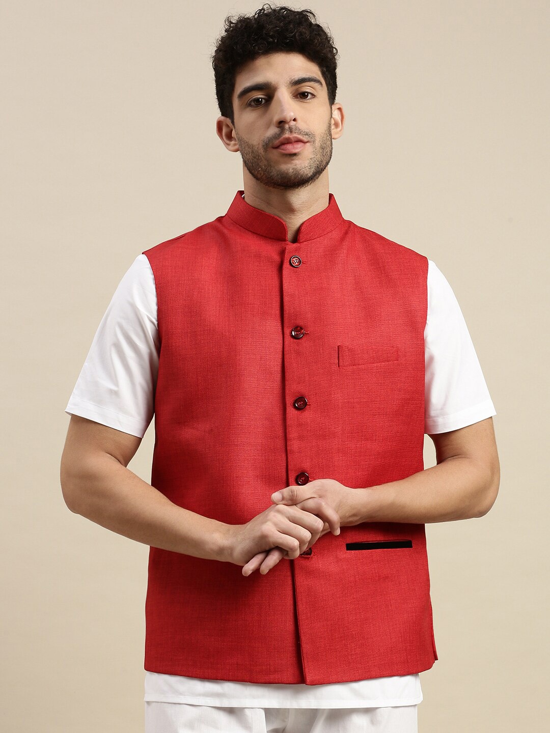 

Ramraj Men Woven Sleeveless Nehru Jackets, Red