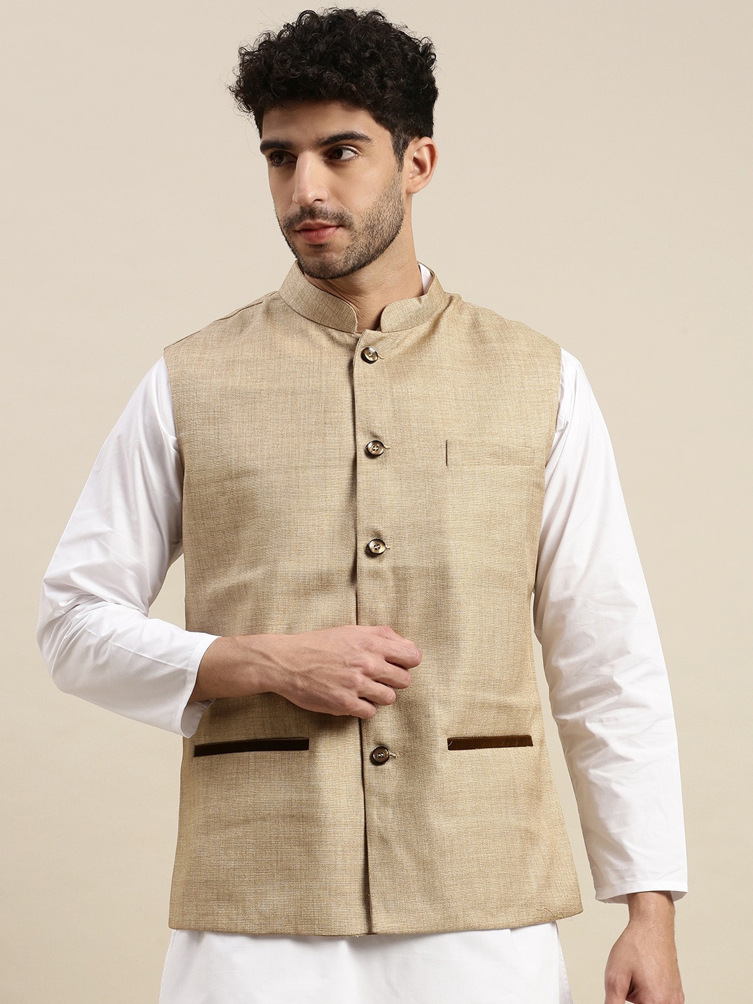

Ramraj Men Self-Design Woven Nehru Jackets, Beige