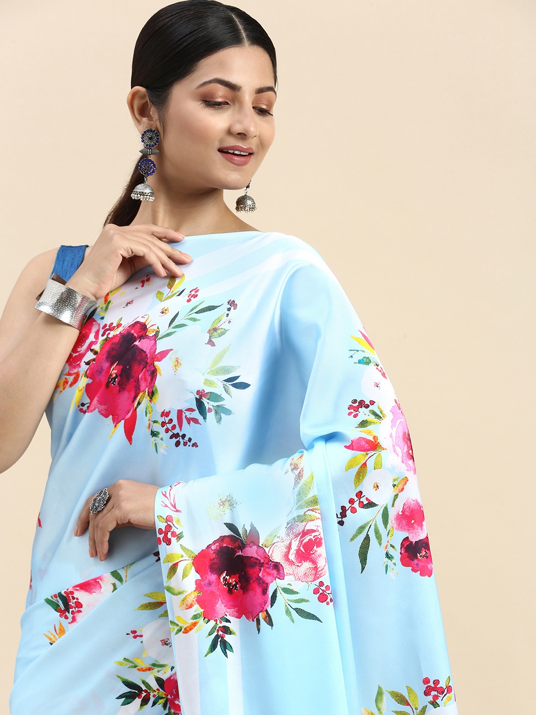 

LOOKNBOOK ART Woman satin with floral print saree, Blue