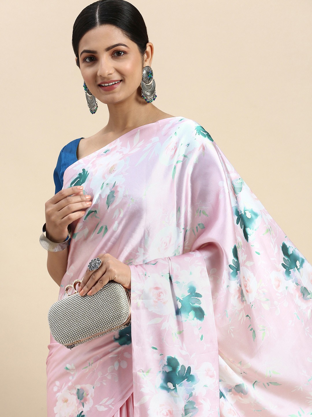 

LOOKNBOOK ART Woman satin with floral print saree, Lavender