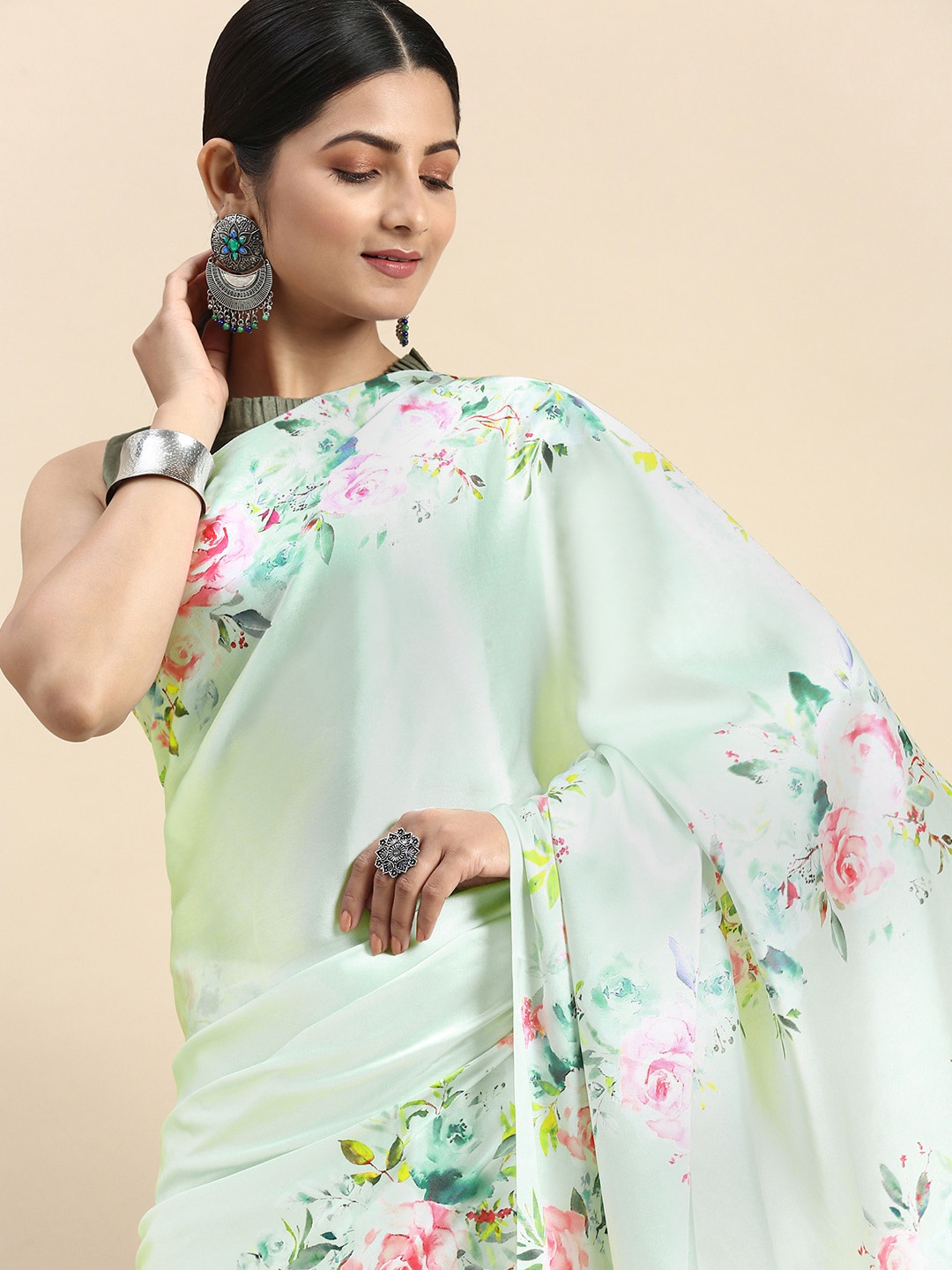 

LOOKNBOOK ART Woman satin with floral print saree, Lime green