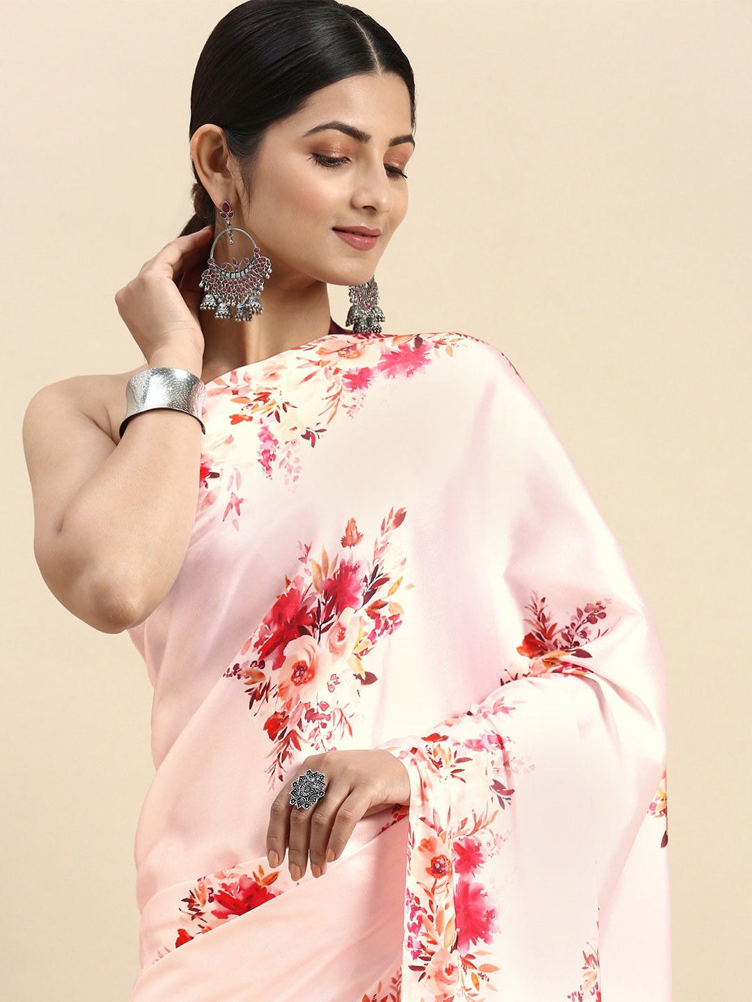 

LOOKNBOOK ART Woman satin with floral print saree, Peach