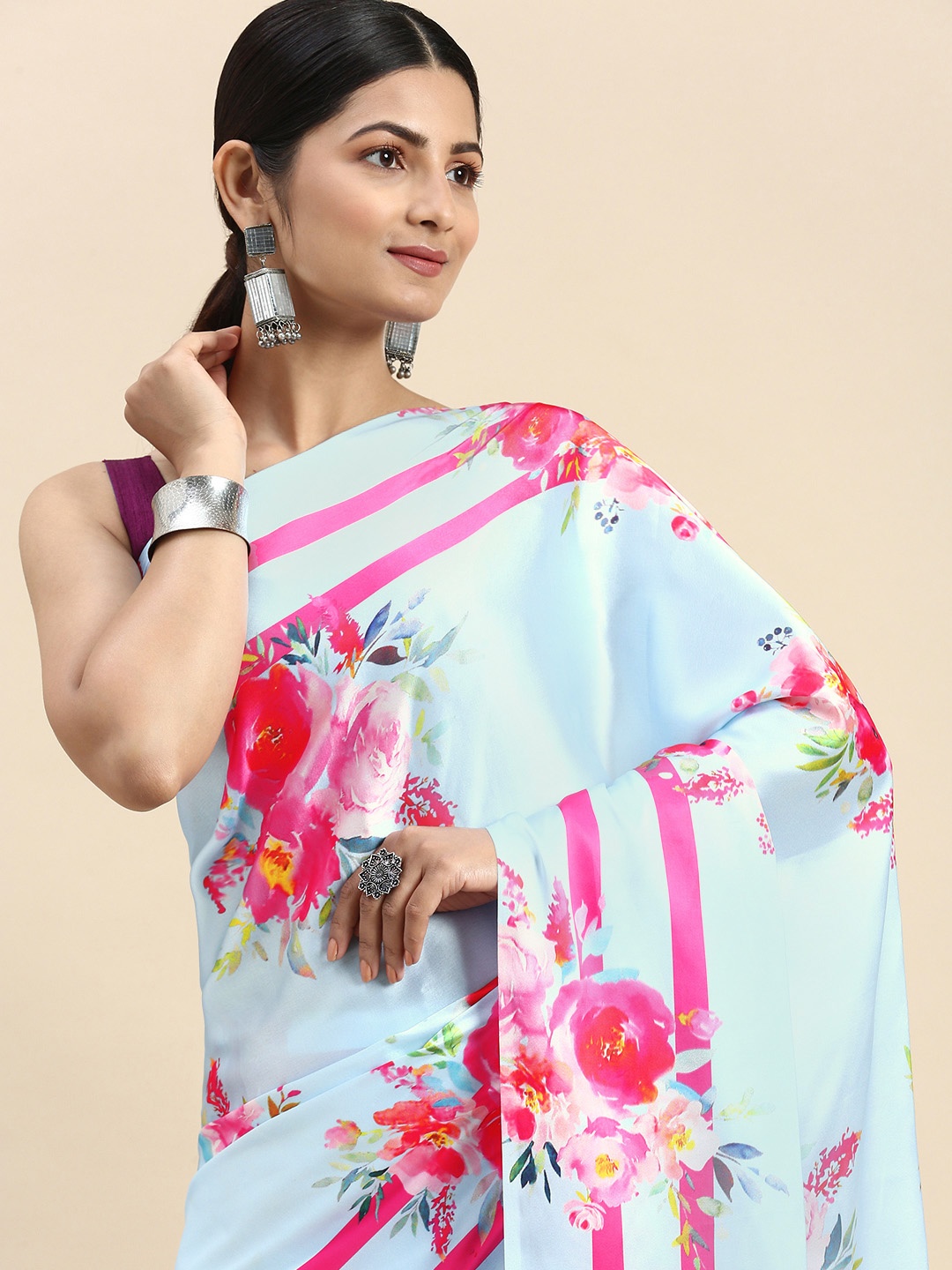 

LOOKNBOOK ART Woman satin with floral print saree, Blue