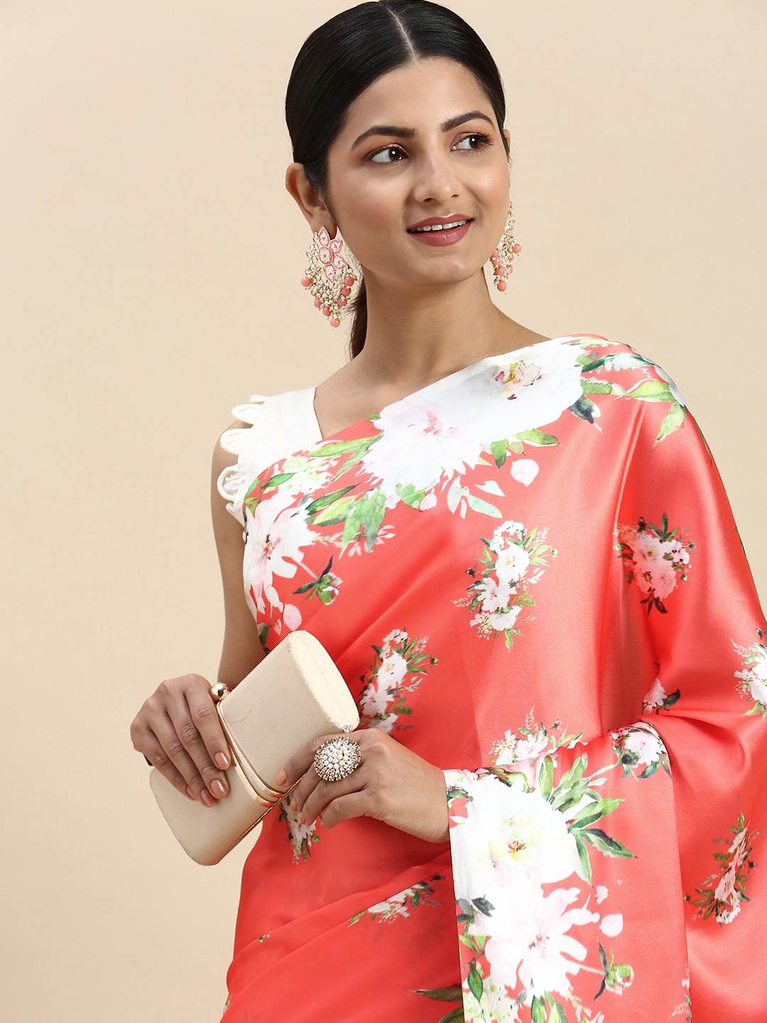 

LOOKNBOOK ART Woman satin with floral print saree, Orange