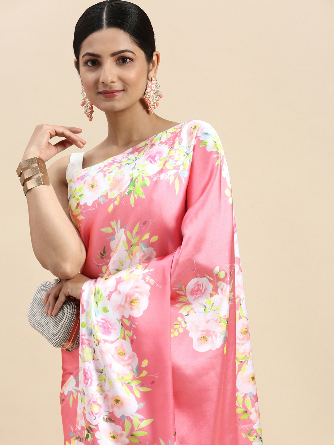 

LOOKNBOOK ART Woman satin with floral print saree, Pink