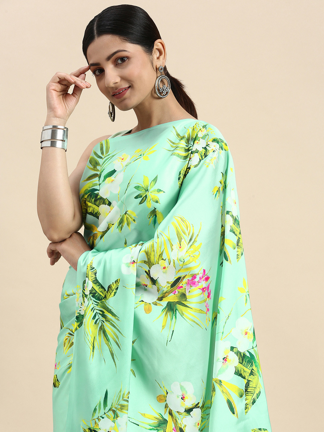 

LOOKNBOOK ART Woman satin with floral print saree, Sea green