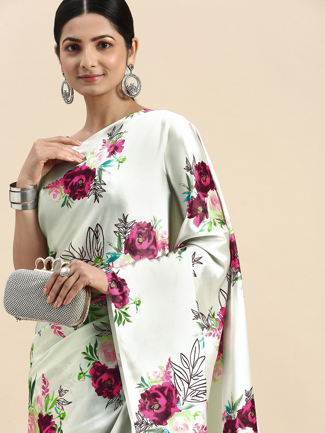 

LOOKNBOOK ART Woman satin with floral print saree, White