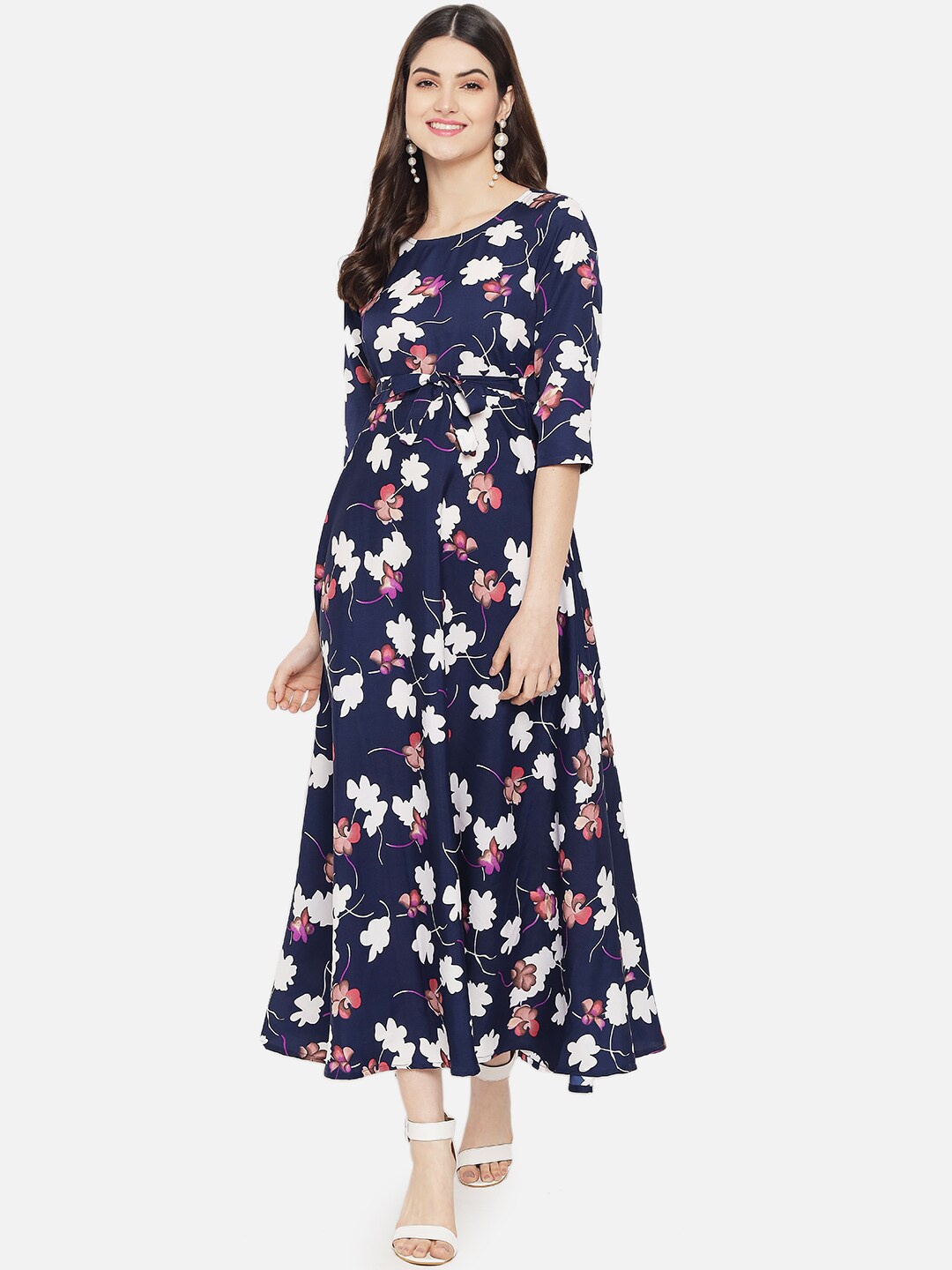 

Yaadleen Floral Printed Round Neck A-Line Midi Dress, Navy blue