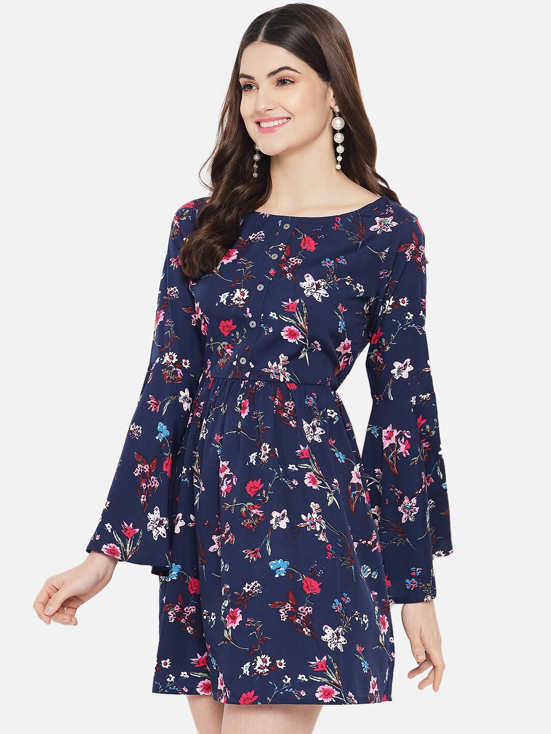 

Yaadleen Floral Printed Bell Sleeves Dress, Navy blue