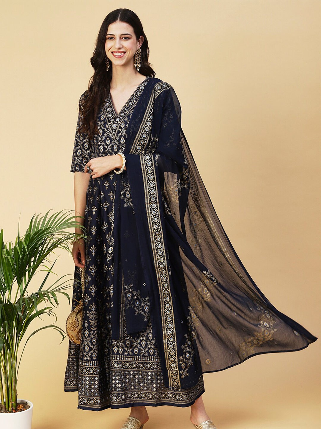 

FASHOR Women Ethnic Motifs Printed Maxi Ethnic Dress, Navy blue