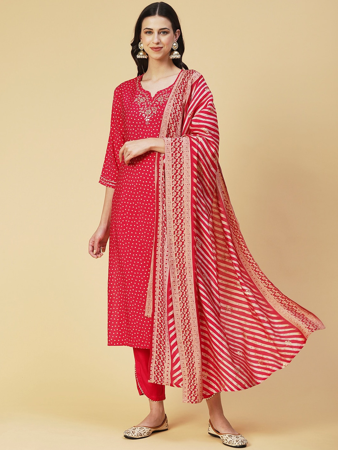 

FASHOR Women Red Bandhani Printed Gotta Patti Kurta with Trousers & With Dupatta