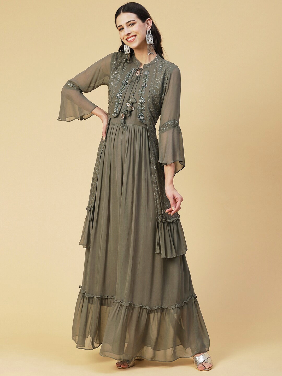 

FASHOR Women Tie-Up Neck Georgette Maxi Maxi Dress, Khaki