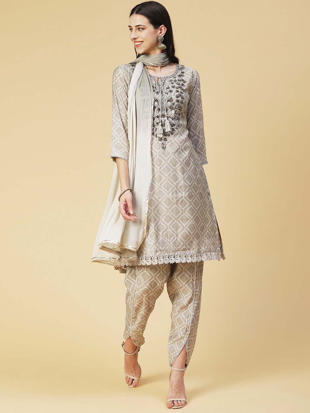 

FASHOR Women Printed Mirror Work Kurta with Dhoti Pants & With Dupatta, Grey