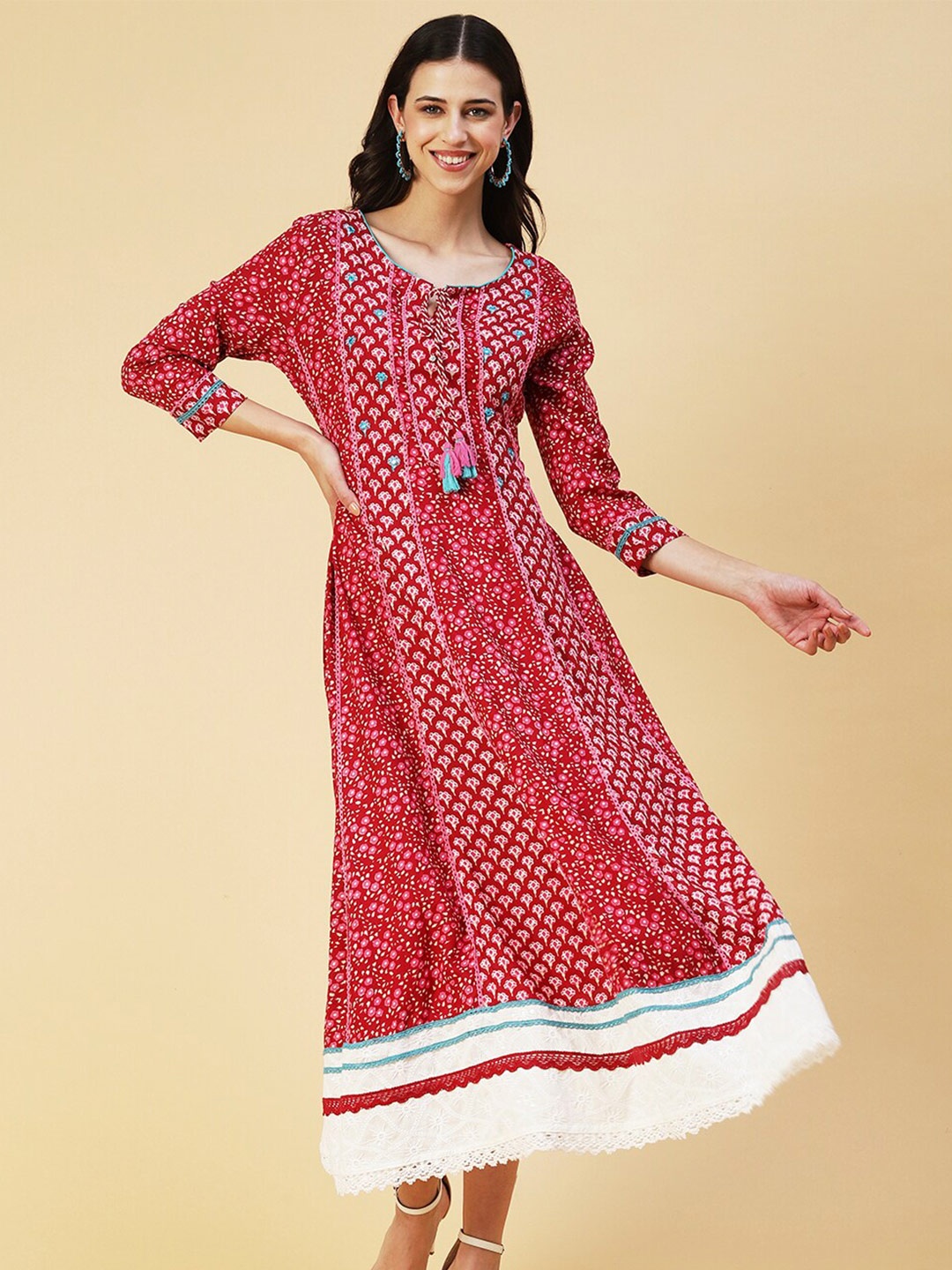 

FASHOR Maroon Ethnic Motifs Maxi Cotton Dress