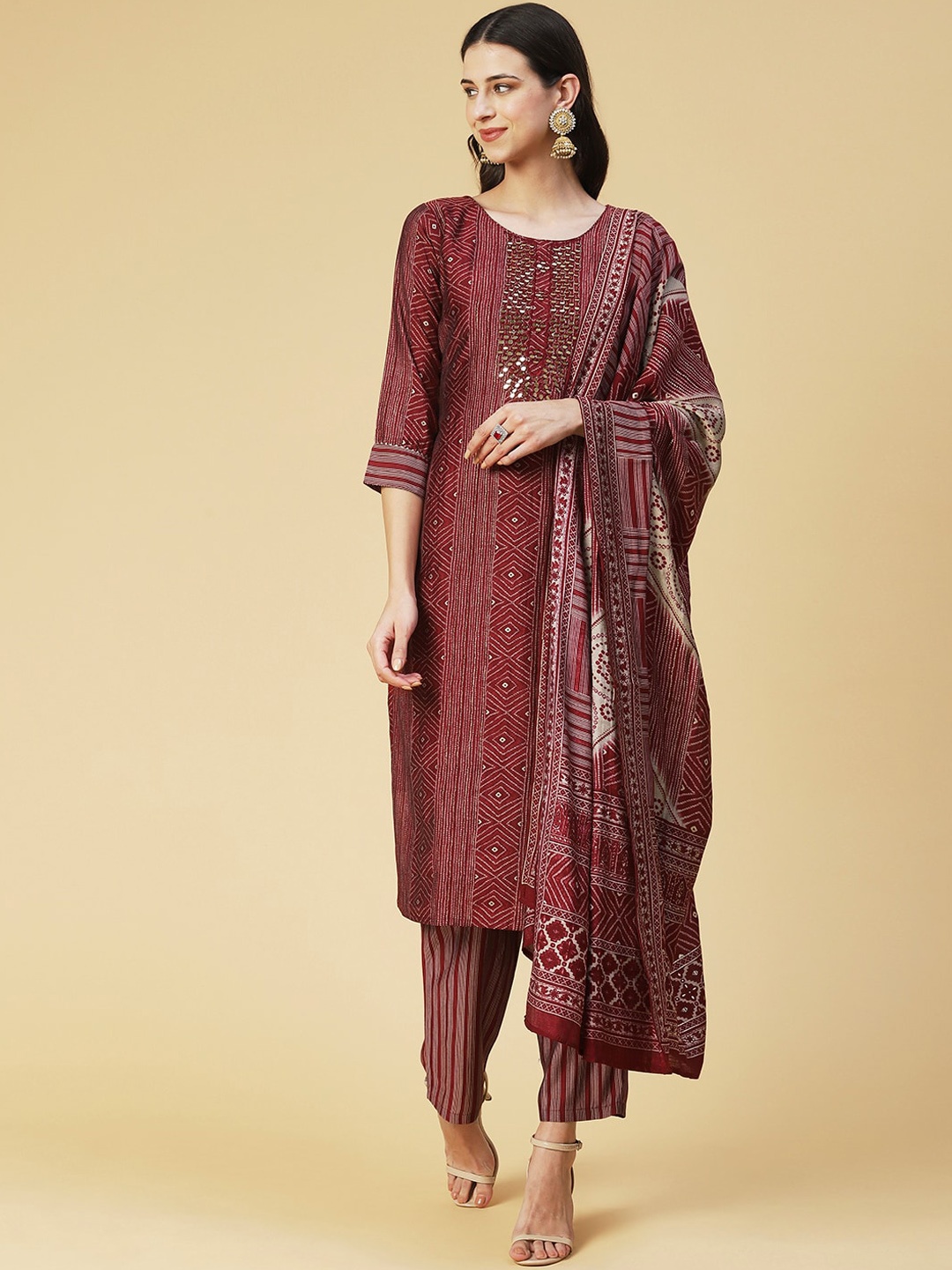 

FASHOR Women Ethnic Motifs Printed Mirror Work Kurta with Trousers & With Dupatta, Maroon
