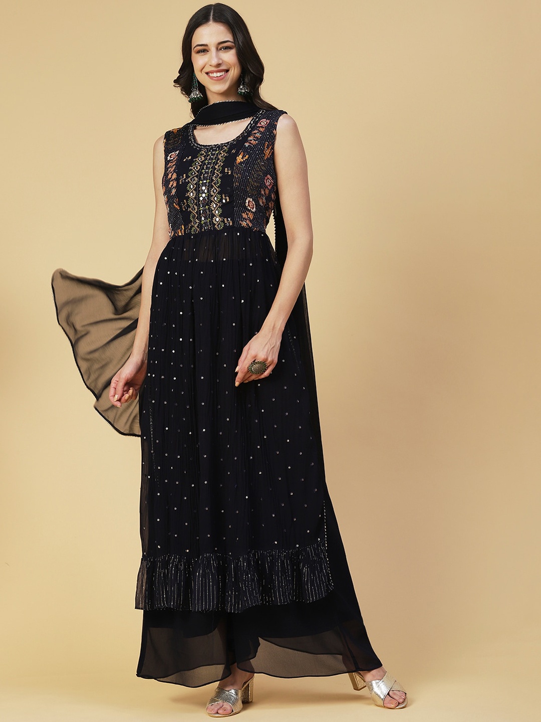 

FASHOR Women Ethnic Motifs Printed Mirror Work Silk Georgette Kurta Set, Navy blue
