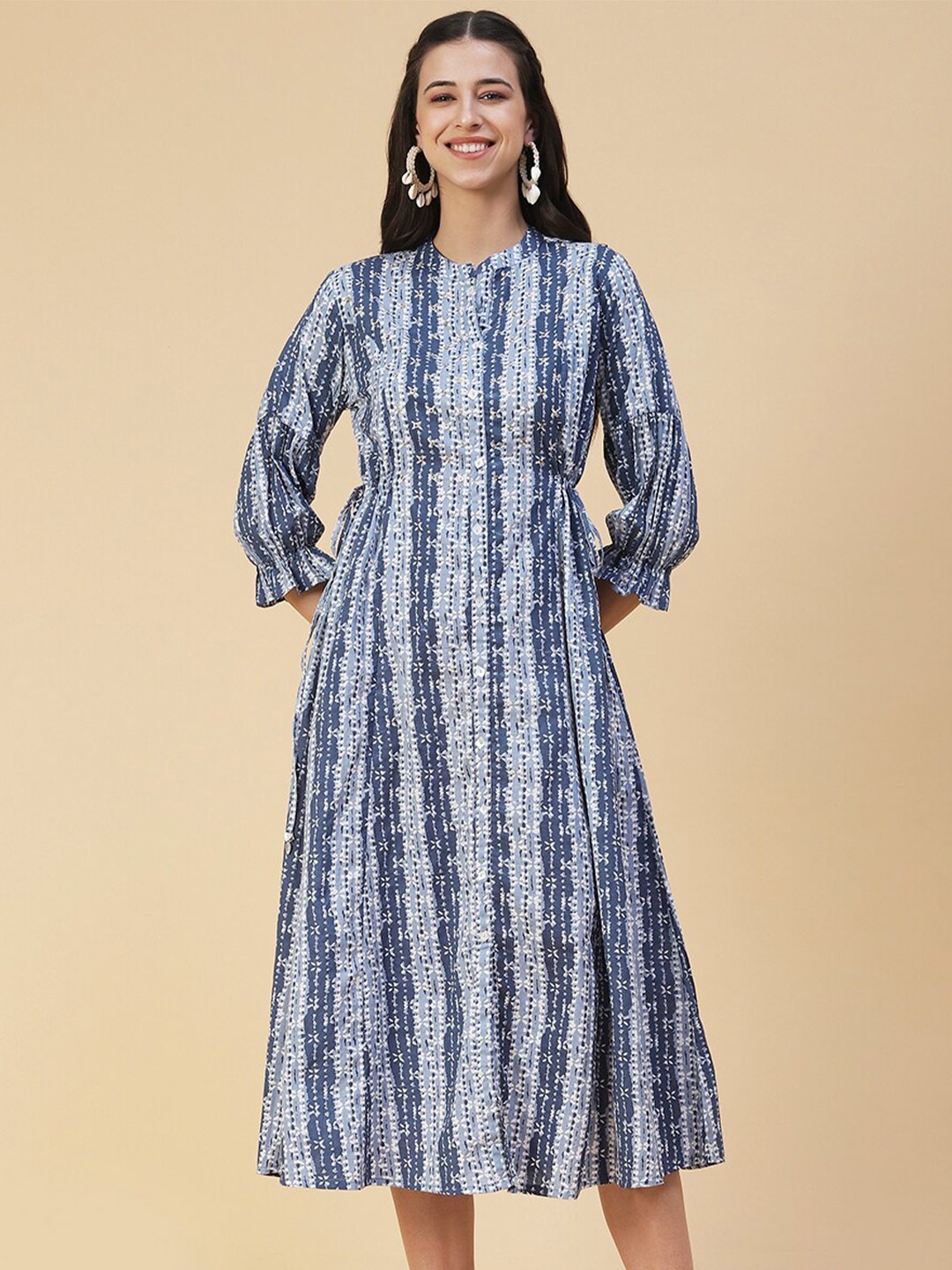 

FASHOR Women Ethnic Motifs Printed A-Line Midi Dress, Blue