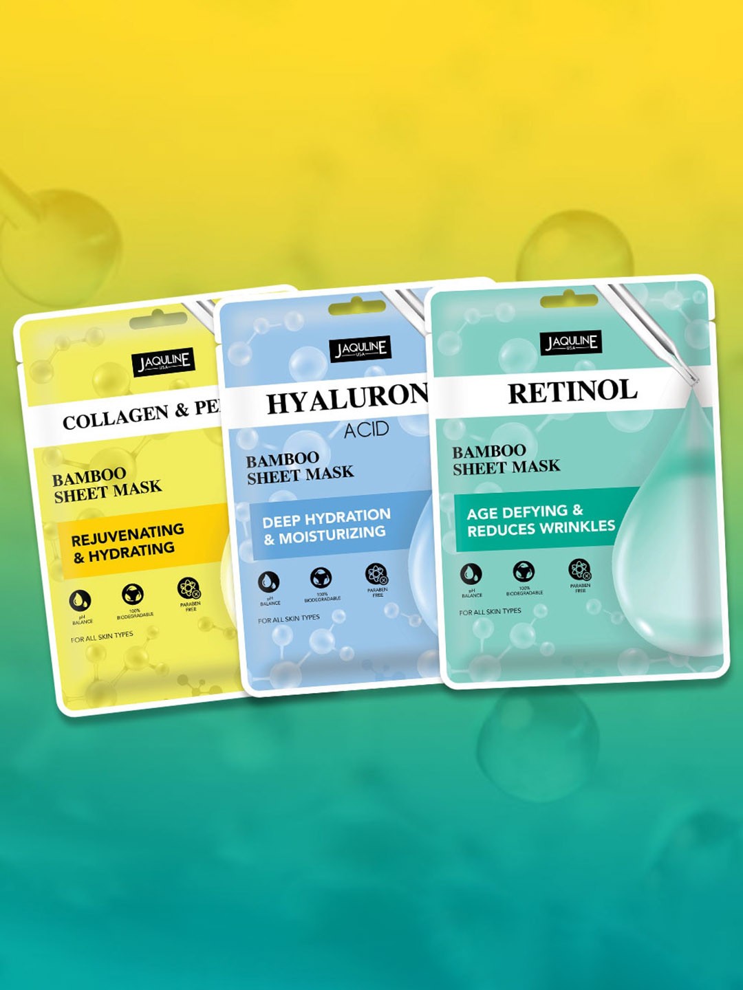 

Jaquline USA Set of 3 Age Defying Bamboo Collagen & Peptide+Hyaluronic+Retinol Sheet Mask, White