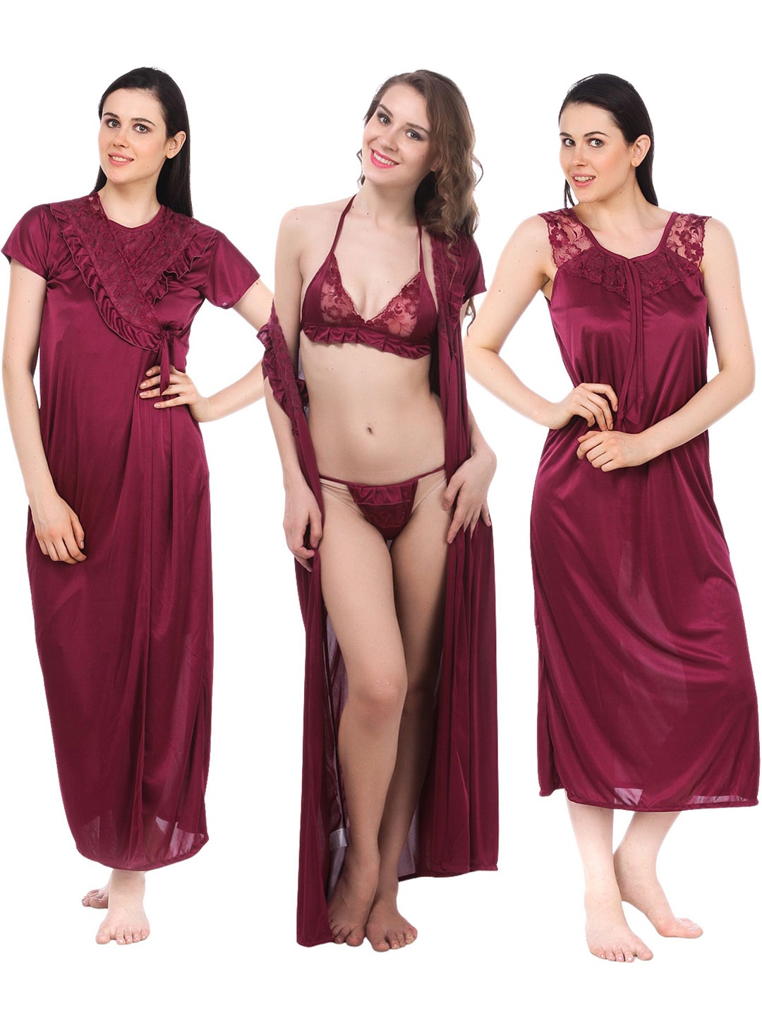

Fasense Pack Of 4 Satin Night Suit With Robe & Lingerie Set Maxi Nightdress, Burgundy