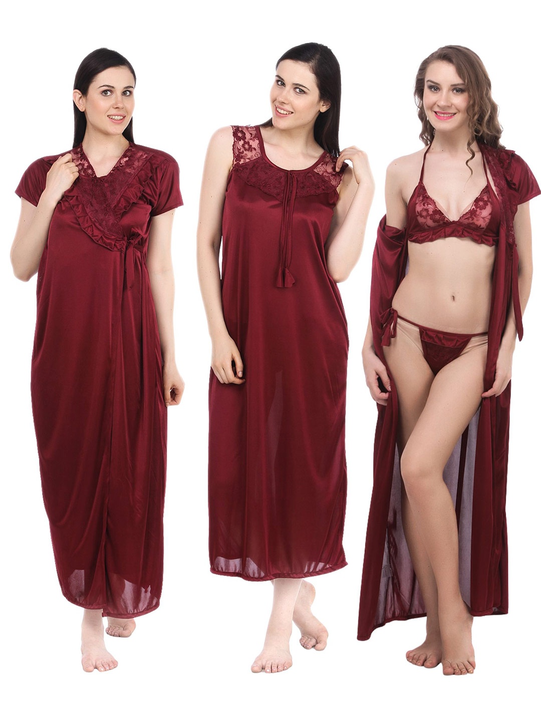 

Fasense Pack Of 4 Satin Night Suit With Robe & Lingerie Set Maxi Nightdress, Maroon