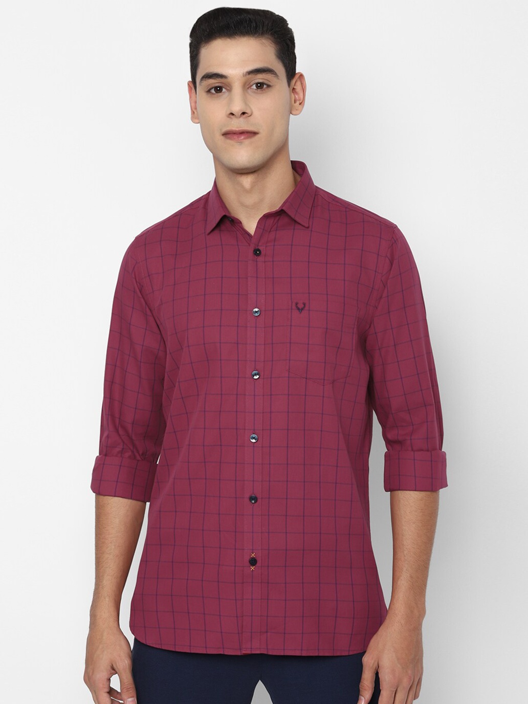 

Allen Solly Men Slim Fit Grid Tattersall Checked Casual Cotton Shirt, Maroon