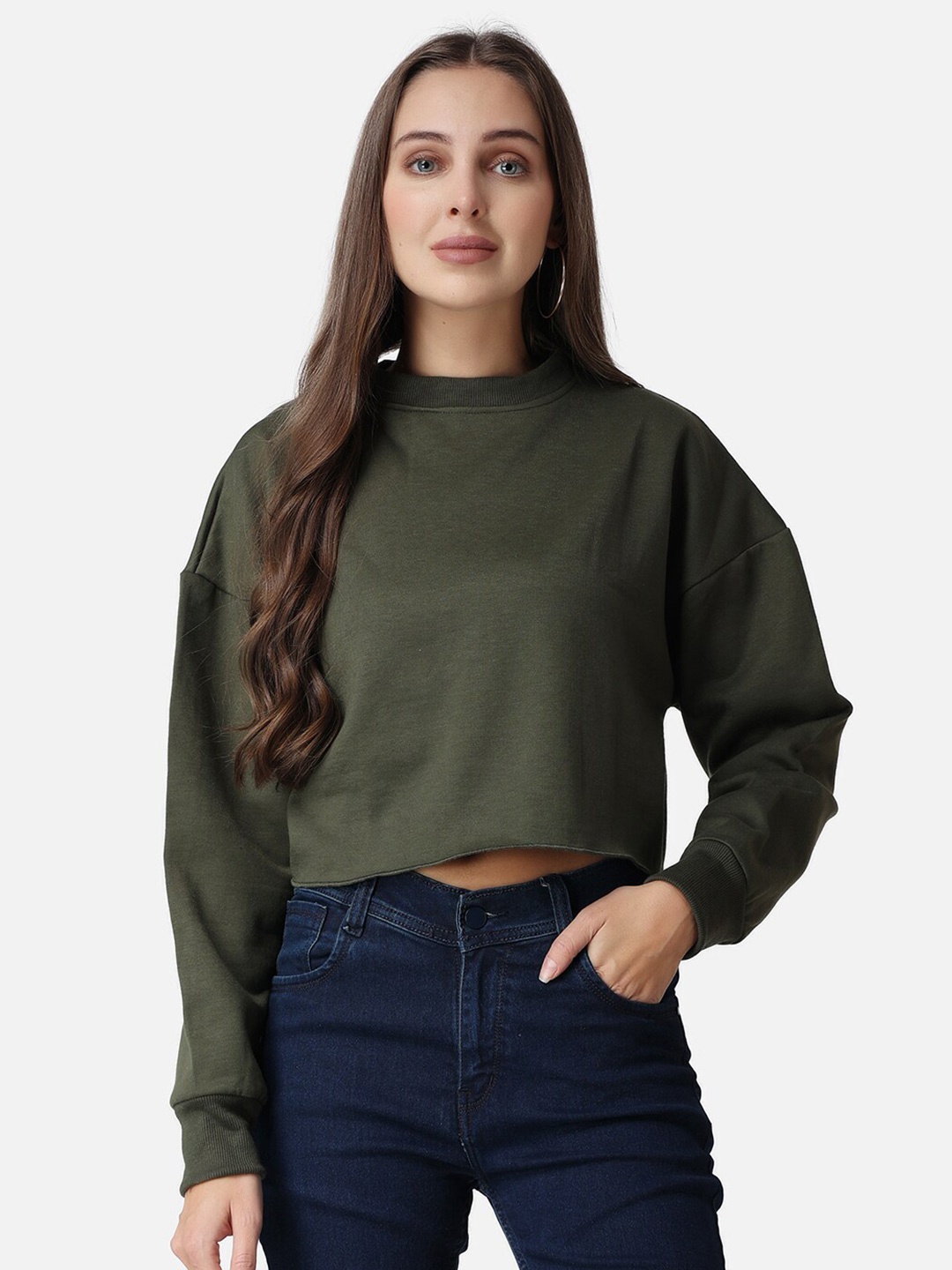 

The Label Bar Women Drop Shoulder Crop Sweatshirt, Olive
